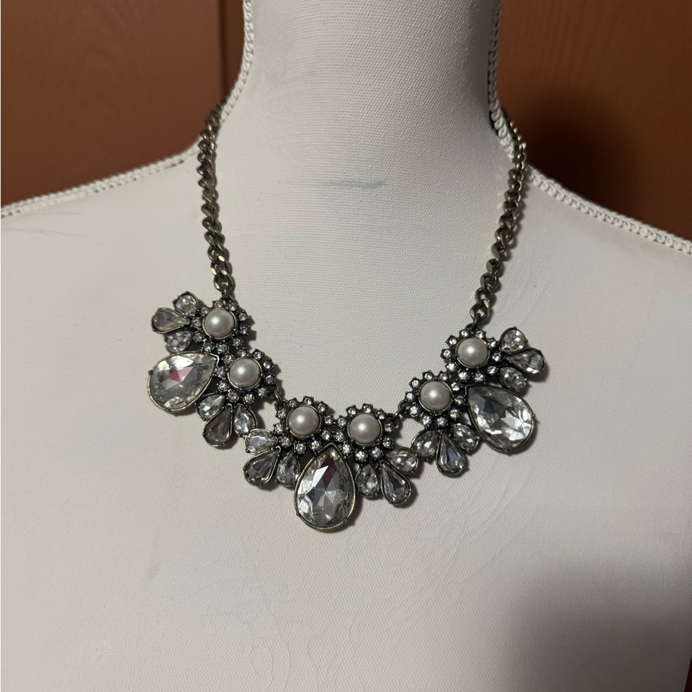 LOFT Silver and Crystal Floral Necklace